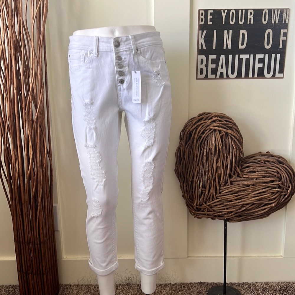 Rue 21 High Waisted Cropped Distressed White Jeans